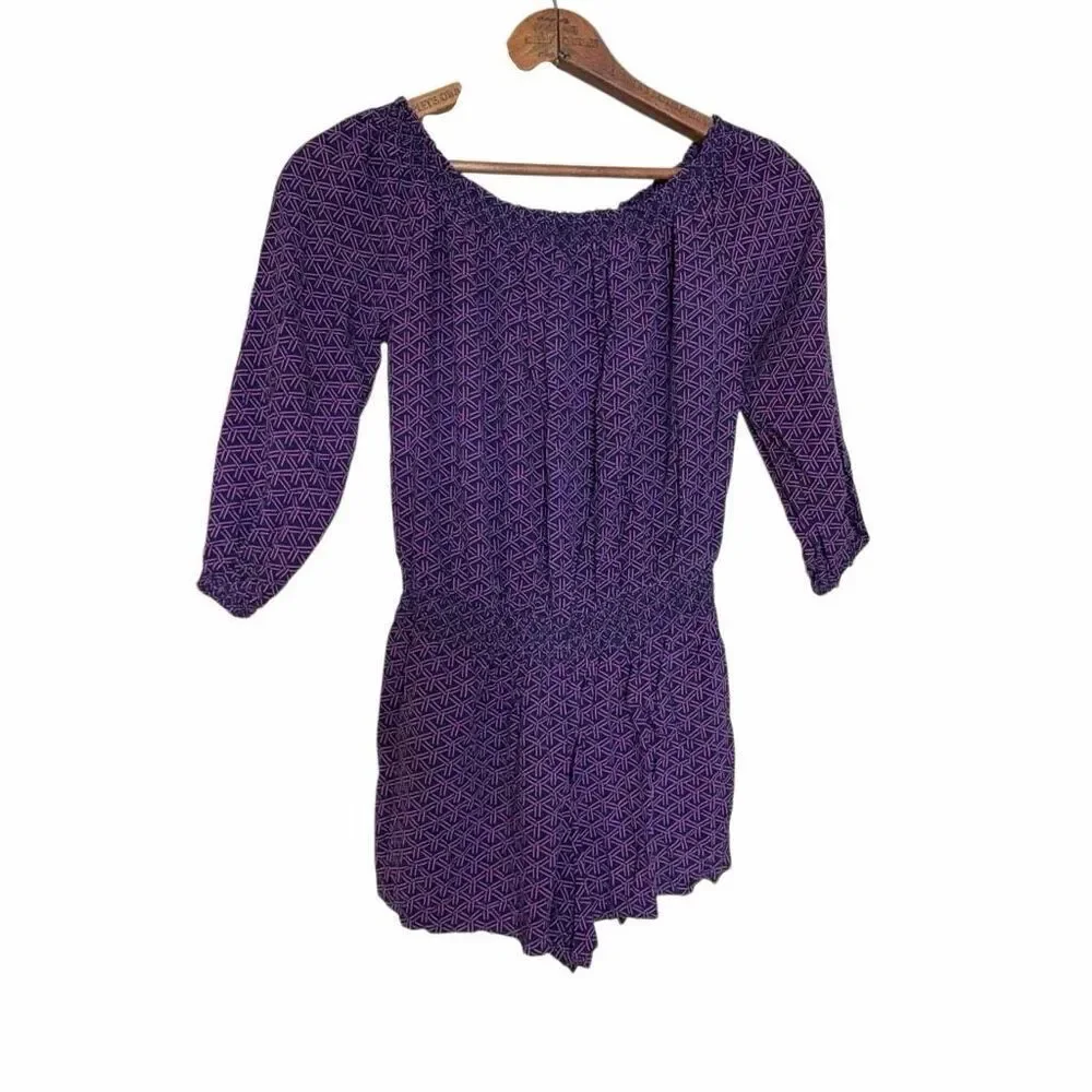 Banana Republic Geometric 3/4 Sleeve Off The Shoulder Short Romper Blue Pink XS - Picture 2 of 8